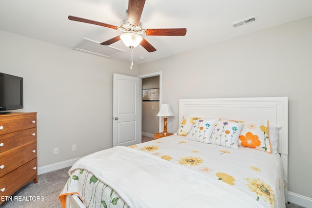 bedroom with ceiling fan and carpet