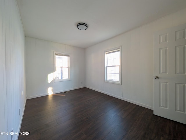 spare room featuring plenty of natural light and dark hardwood / wood-style floors