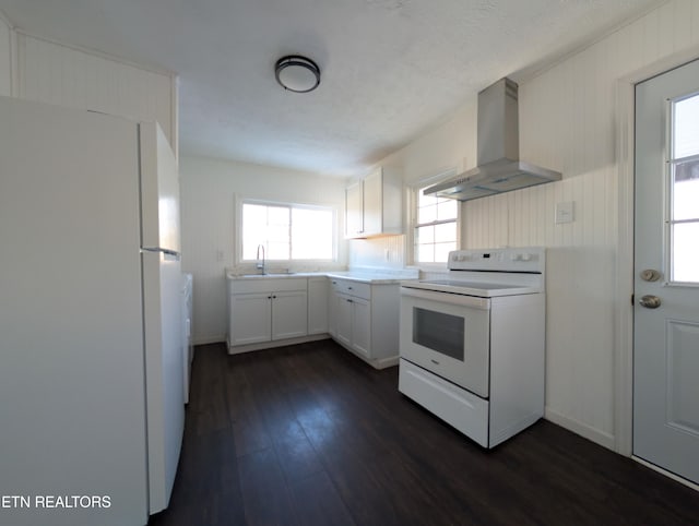 kitchen with dark hardwood / wood-style floors, range hood, sink, white appliances, and white cabinetry