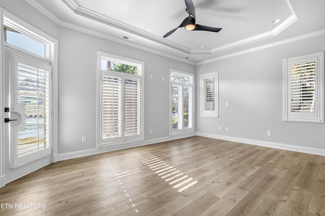 spare room featuring a raised ceiling, a wealth of natural light, light hardwood / wood-style floors, and ornamental molding