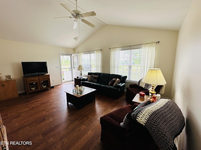 living room with dark hardwood / wood-style flooring, ceiling fan, and lofted ceiling