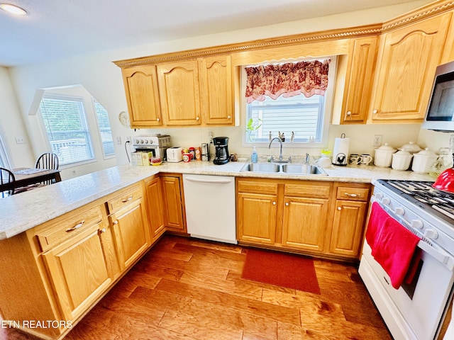 kitchen featuring dark hardwood / wood-style flooring, white appliances, and sink