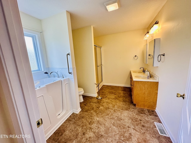813 Clear Creek Pkwy, Clarkrange, TN 38553 - bathroom with toilet, a bath, an enclosed shower, vanity, and baseboards