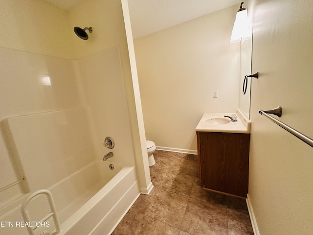 813 Clear Creek Pkwy, Clarkrange, TN 38553 - bathroom with toilet, vanity, tile patterned floors, baseboards, and bathtub / shower combination