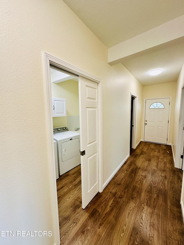813 Clear Creek Pkwy, Clarkrange, TN 38553 - corridor with washer / dryer, dark wood-style flooring, and baseboards