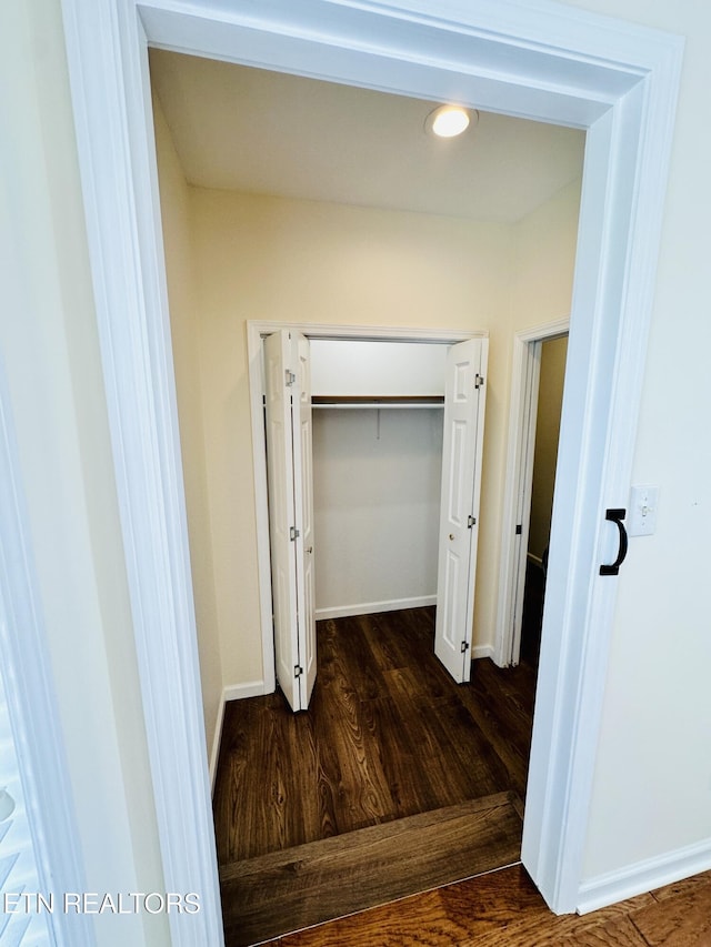 813 Clear Creek Pkwy, Clarkrange, TN 38553 - hall featuring dark wood-style flooring and baseboards