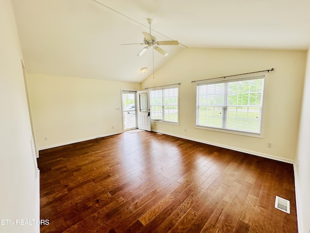813 Clear Creek Pkwy, Clarkrange, TN 38553 - unfurnished room featuring ceiling fan, dark wood-style floors, vaulted ceiling, and baseboards