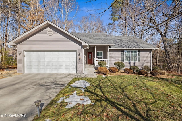 ranch-style house with a front yard, covered porch, and a garage