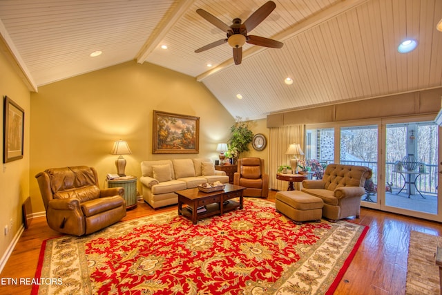 105 Charity Ln, Jamestown, TN 38556 - living area featuring a ceiling fan, wood-type flooring, recessed lighting, wood ceiling, and baseboards