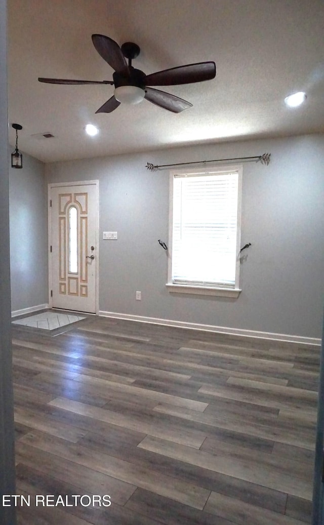 foyer featuring dark hardwood / wood-style floors and ceiling fan