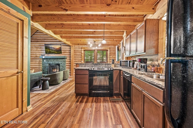 kitchen featuring dishwasher, log walls, beamed ceiling, range with electric stovetop, and hardwood / wood-style flooring