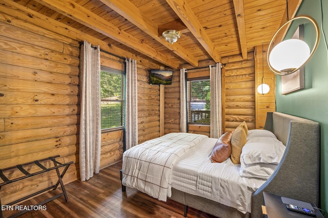 bedroom with beam ceiling, log walls, dark hardwood / wood-style floors, multiple windows, and wood ceiling