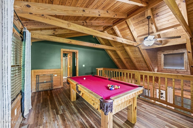 playroom featuring wood ceiling, ceiling fan, hardwood / wood-style flooring, vaulted ceiling with beams, and pool table