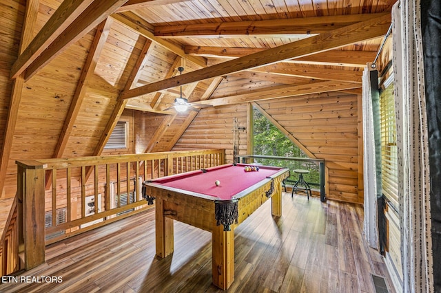 game room featuring hardwood / wood-style floors, wooden ceiling, ceiling fan, pool table, and log walls