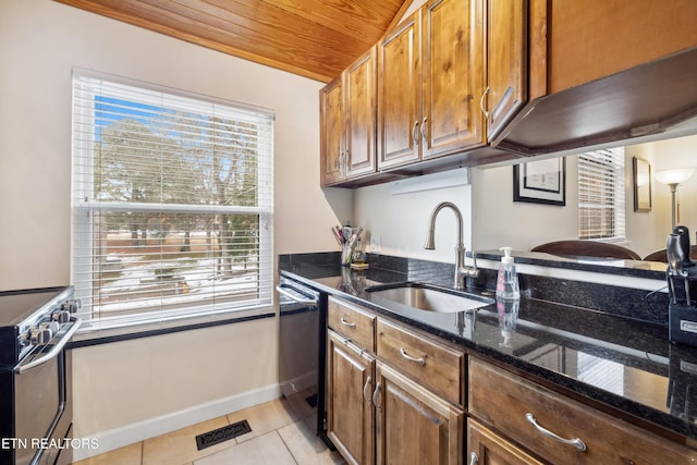 kitchen with dishwasher, wood ceiling, dark stone counters, electric stove, and sink