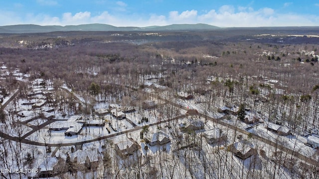 snowy aerial view featuring a mountain view