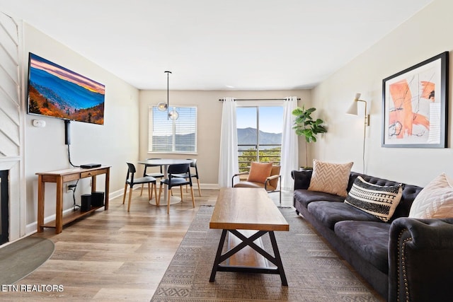 living room with a mountain view and wood-type flooring