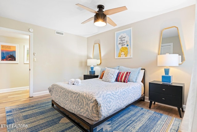 bedroom featuring ceiling fan and wood-type flooring