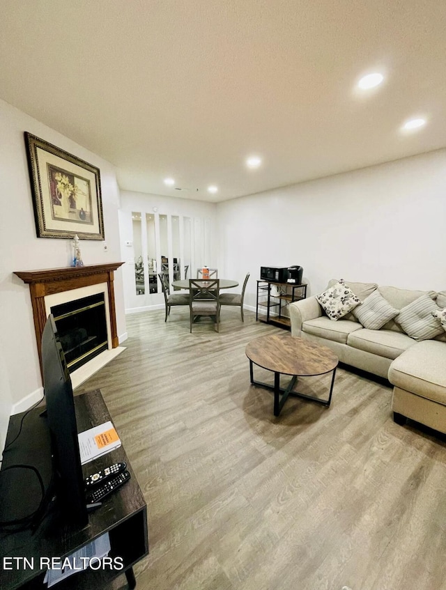 living room with a textured ceiling and light hardwood / wood-style flooring