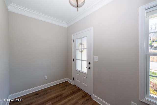 entryway with dark wood finished floors, a healthy amount of sunlight, crown molding, and baseboards