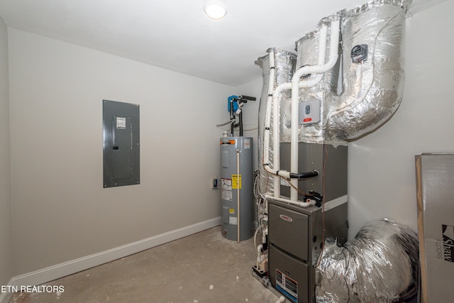 utility room with electric panel and water heater