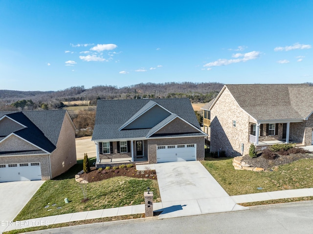 view of front of property with a garage, brick siding, concrete driveway, and a front yard