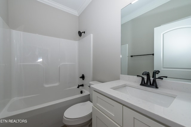 full bath with toilet, shower / bath combination, vanity, and ornamental molding