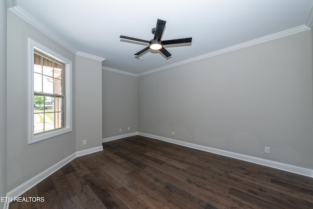 unfurnished room featuring crown molding, baseboards, ceiling fan, and dark wood finished floors