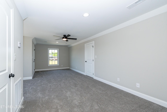 unfurnished room with visible vents, baseboards, a ceiling fan, recessed lighting, and carpet flooring