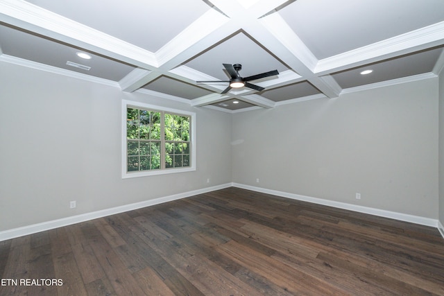 spare room with baseboards, coffered ceiling, beamed ceiling, dark wood finished floors, and ceiling fan