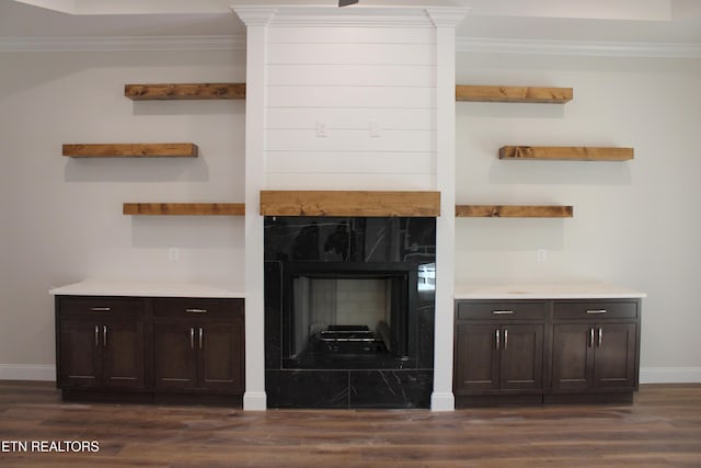 living room featuring ornamental molding, dark wood-type flooring, and a premium fireplace