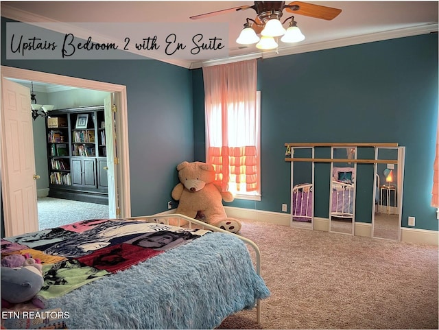 carpeted bedroom featuring crown molding and ceiling fan