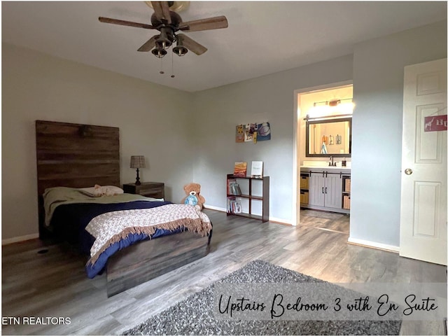 bedroom featuring ensuite bath, wood-type flooring, and ceiling fan