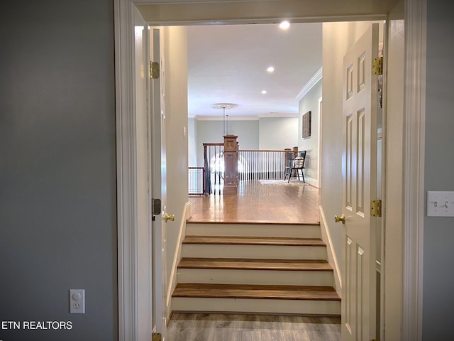 stairway with hardwood / wood-style flooring and ornamental molding