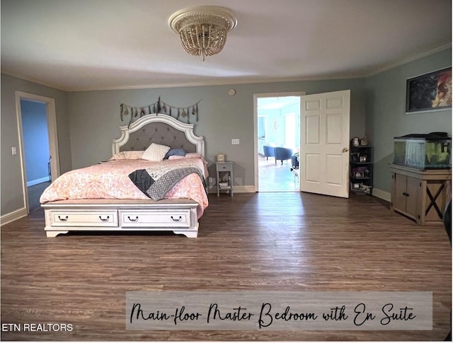 bedroom featuring ornamental molding and dark hardwood / wood-style floors