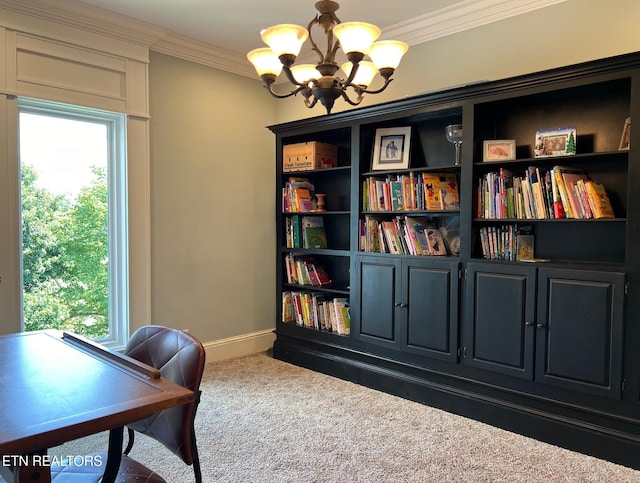 carpeted office featuring an inviting chandelier and ornamental molding