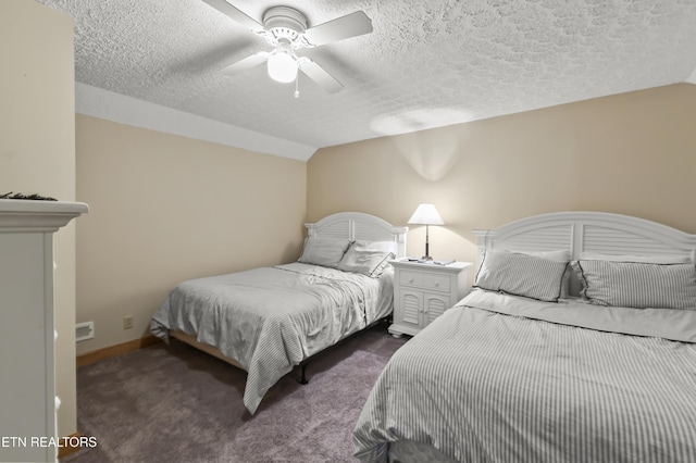 carpeted bedroom with lofted ceiling, ceiling fan, and a textured ceiling