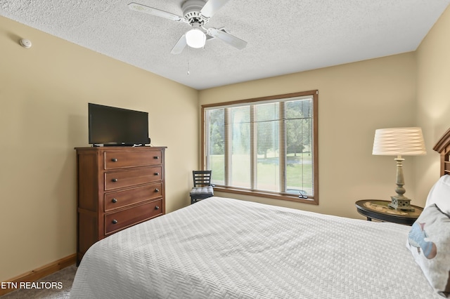 bedroom featuring ceiling fan and a textured ceiling