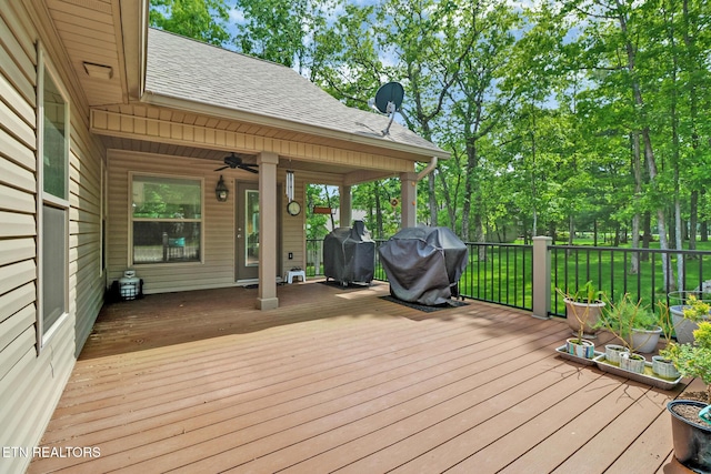 153 Walden Ridge Dr, Fairfield Glade, TN 38558 - deck featuring a grill and ceiling fan