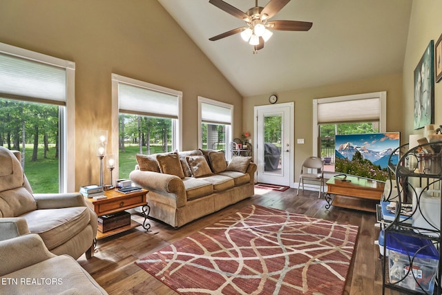 153 Walden Ridge Dr, Fairfield Glade, TN 38558 - living room featuring high vaulted ceiling, wood-type flooring, a ceiling fan, and plenty of natural light