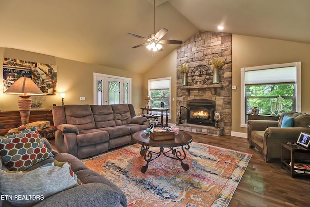 153 Walden Ridge Dr, Fairfield Glade, TN 38558 - living area with wood finished floors, ceiling fan, a stone fireplace, and high vaulted ceiling