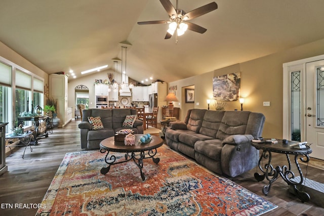 153 Walden Ridge Dr, Fairfield Glade, TN 38558 - living room featuring a ceiling fan, lofted ceiling, and dark wood-style flooring