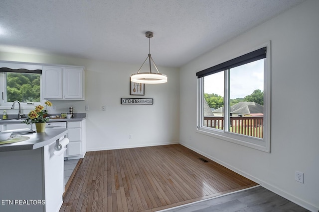 unfurnished dining area with sink, a textured ceiling, and hardwood / wood-style flooring