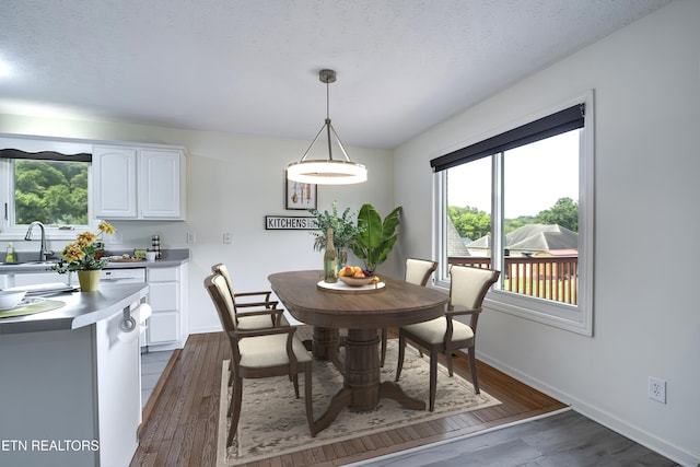 dining space with sink, a textured ceiling, and dark hardwood / wood-style floors