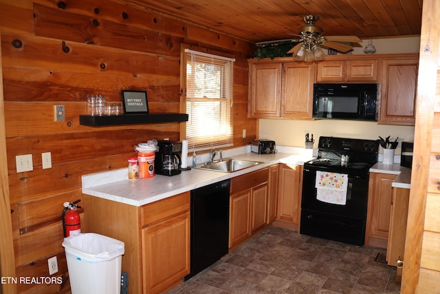 kitchen featuring sink, wooden ceiling, ceiling fan, wood walls, and black appliances