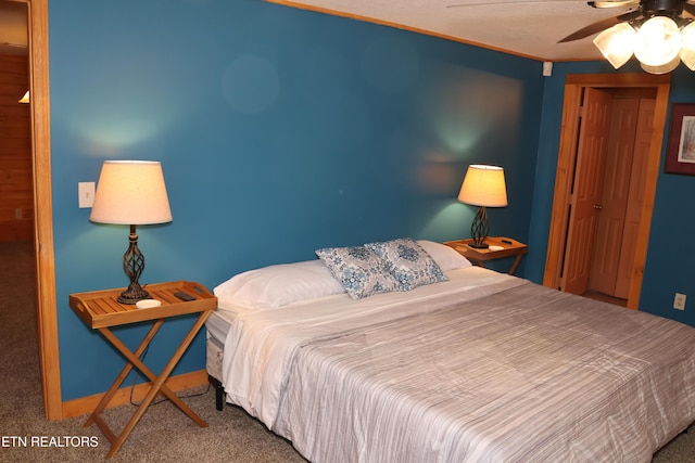 bedroom featuring carpet floors and ceiling fan