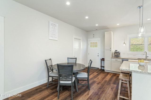 dining area with sink and dark hardwood / wood-style floors