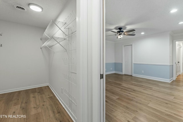 walk in closet featuring ceiling fan and light hardwood / wood-style flooring