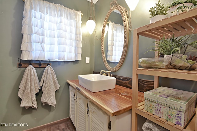 bathroom with wood-type flooring and vanity