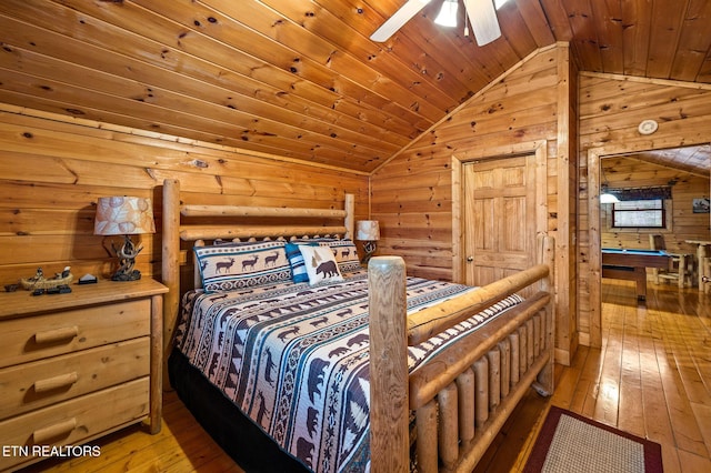 bedroom with lofted ceiling, hardwood / wood-style flooring, ceiling fan, and wooden ceiling